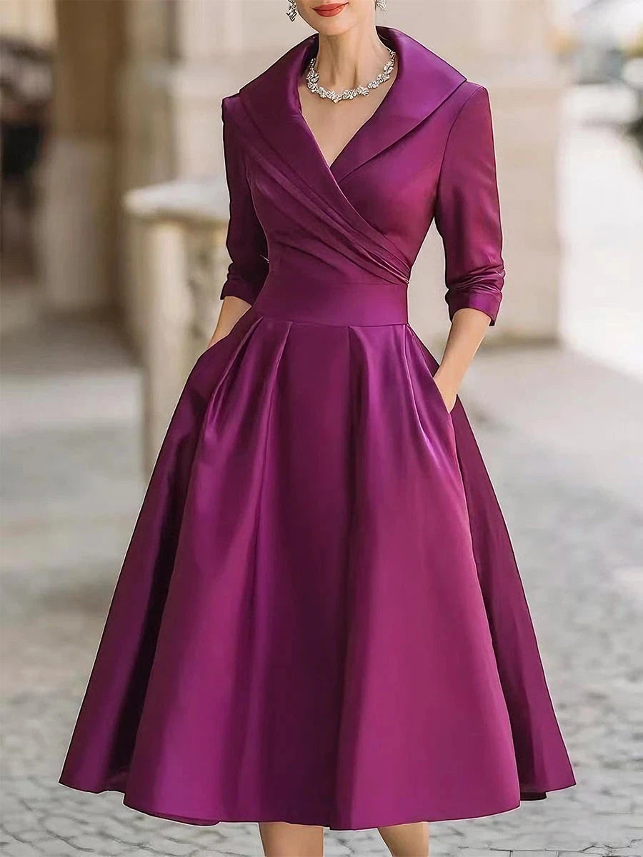 Vestido de Invitada de Boda Midi Elegante con Cuello Solapa
