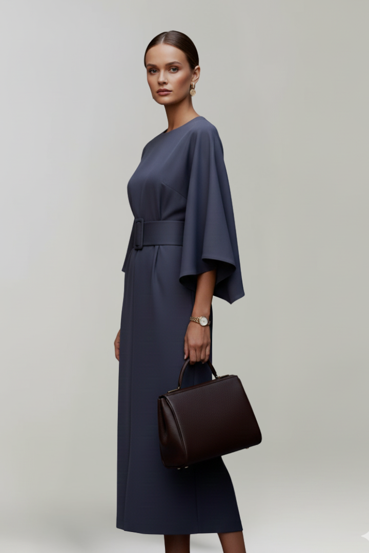 Vestido de Invitada de Boda Midi Sofisticado Elegante con Cuello Redondo