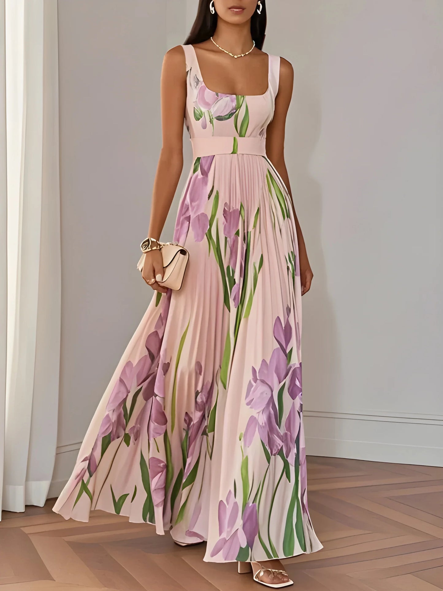 Vestido de Verano Largo Flores Elegante con Plisado