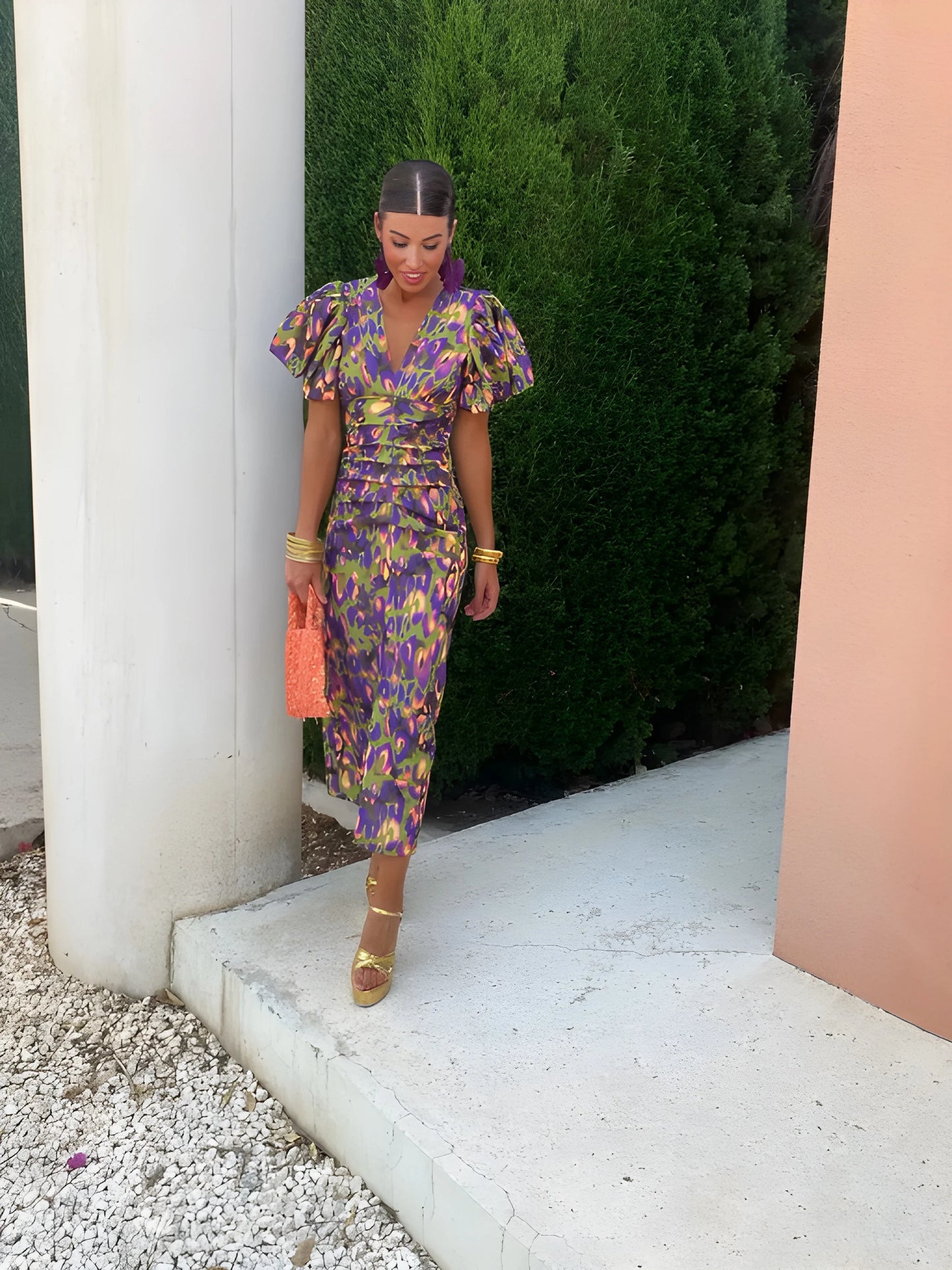 Vestido de Verano Midi Estampado Elegante con Manga Abullonada