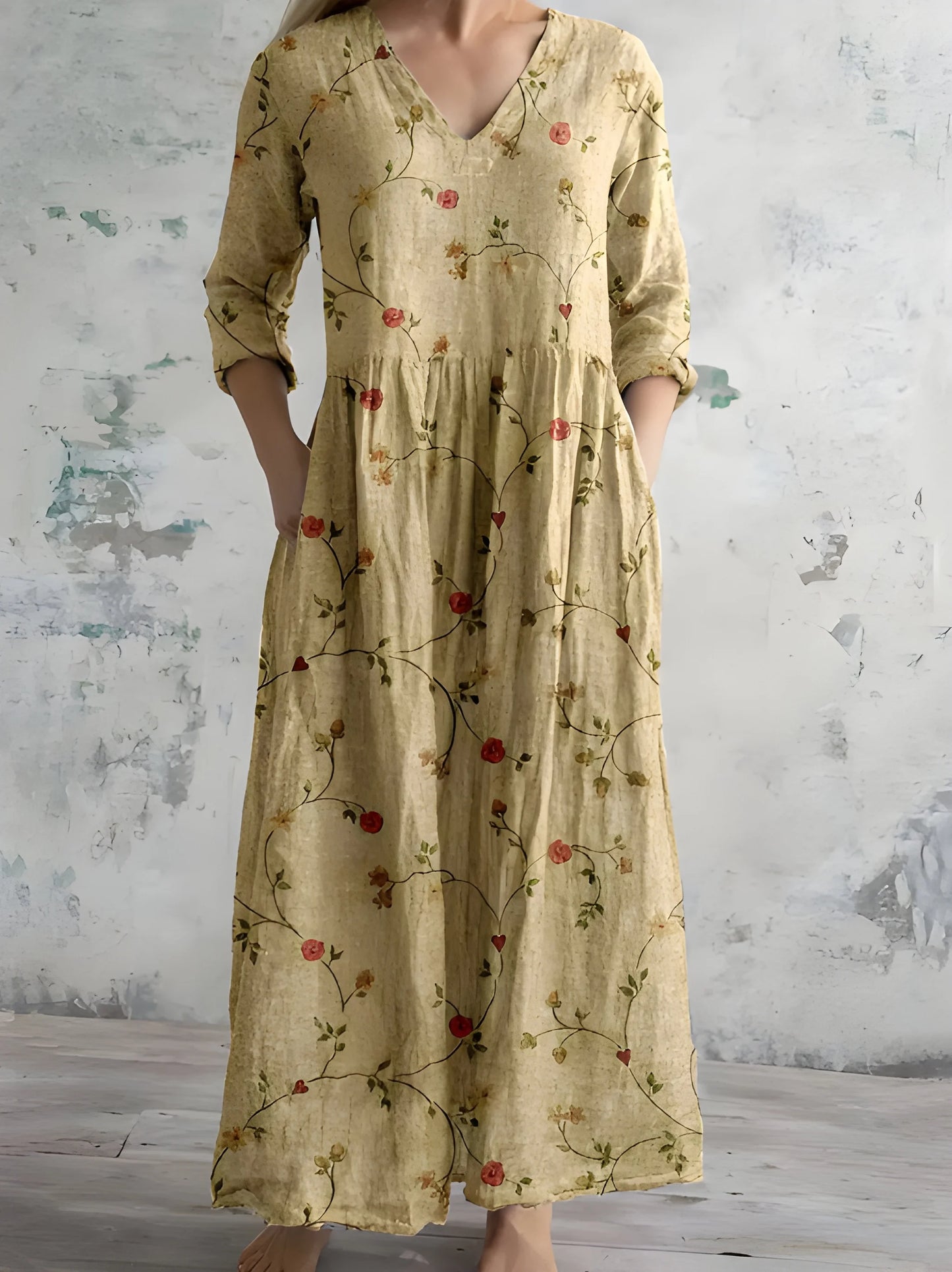 Vestido de Verano Largo de Flores Vintage Elegante con Escote en V