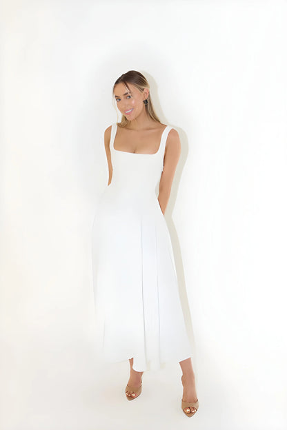 Vestido de invitada de boda midi elegante clásico con escote cuadrado y tirantes