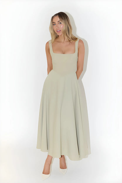 Vestido de invitada de boda midi elegante clásico con escote cuadrado y tirantes