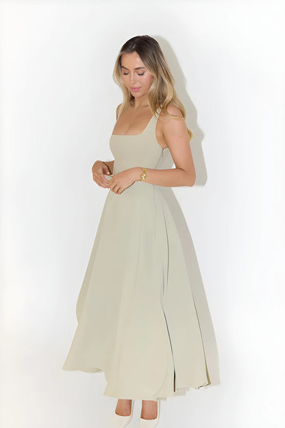 Vestido de invitada de boda midi elegante clásico con escote cuadrado y tirantes