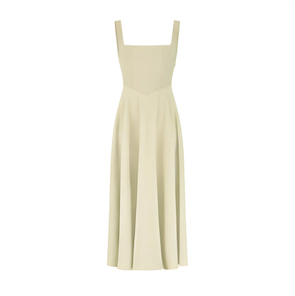 Vestido de invitada de boda midi elegante clásico con escote cuadrado y tirantes