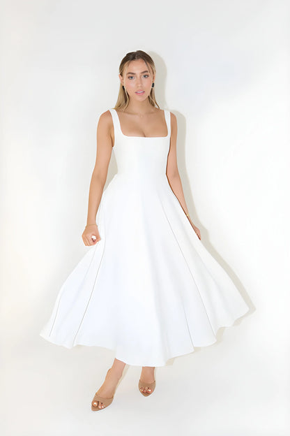 Vestido de invitada de boda midi elegante clásico con escote cuadrado y tirantes