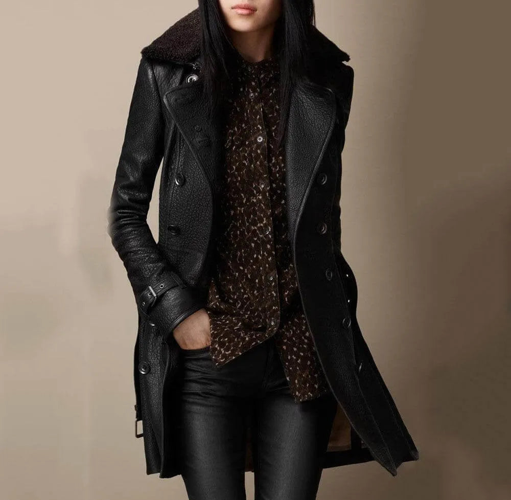 Abrigo de Invierno de Mujer Elegante Cuero con Botones