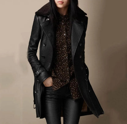 Abrigo de Invierno de Mujer Elegante Cuero con Botones