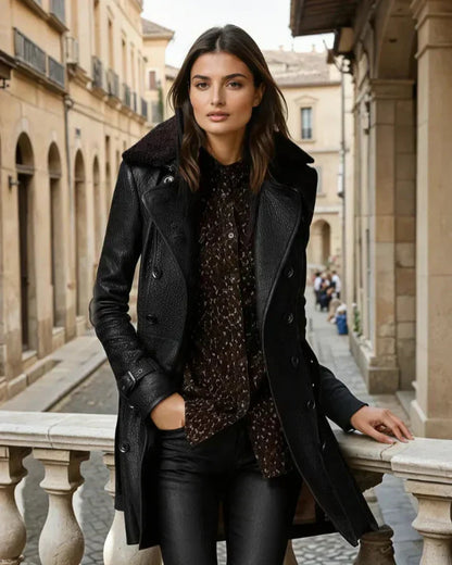 Abrigo de Invierno de Mujer Elegante Cuero con Botones