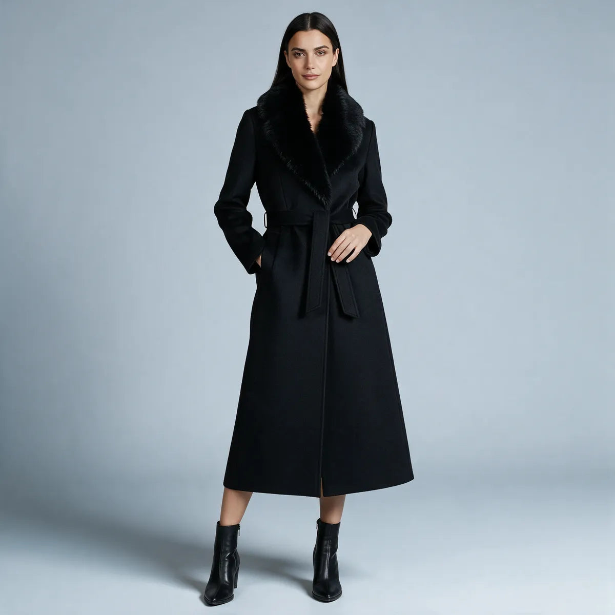 Abrigo de Invierno de Mujer Elegante Largo con Cuello de Piel