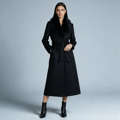 Abrigo de Invierno de Mujer Elegante Largo con Cuello de Piel
