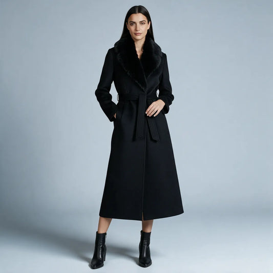 Abrigo de Invierno de Mujer Elegante Largo con Cuello de Piel