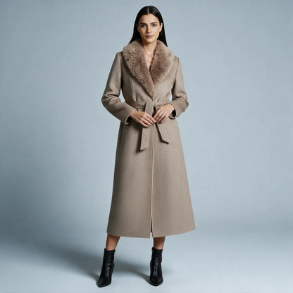 Abrigo de Invierno de Mujer Elegante Largo con Cuello de Piel