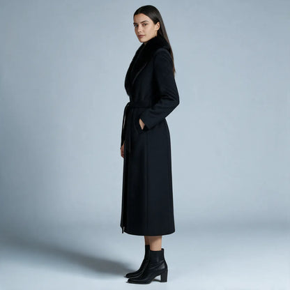 Abrigo de Invierno de Mujer Elegante Largo con Cuello de Piel