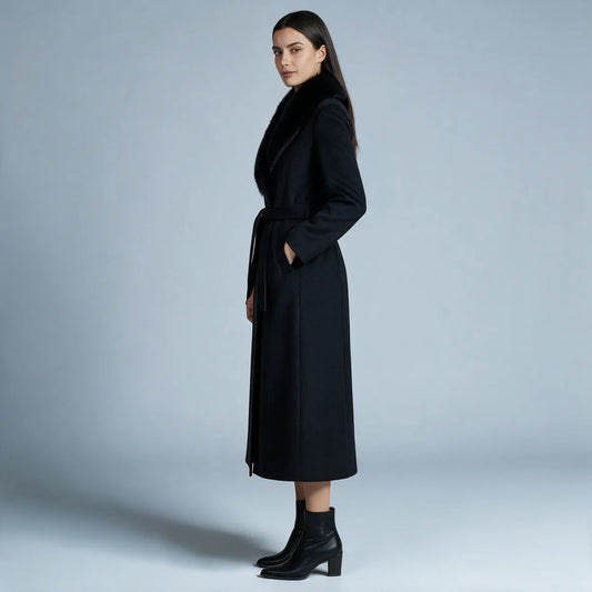 Abrigo de Invierno de Mujer Elegante Largo con Cuello de Piel