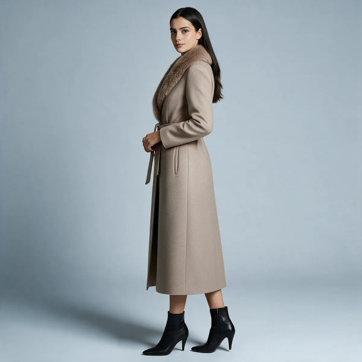 Abrigo de Invierno de Mujer Elegante Largo con Cuello de Piel