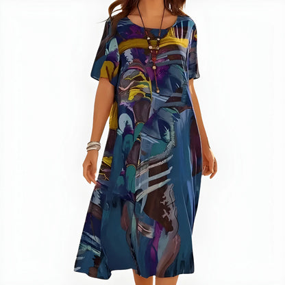 Vestido de Verano Midi Estampado Elegante con Escote Redondo