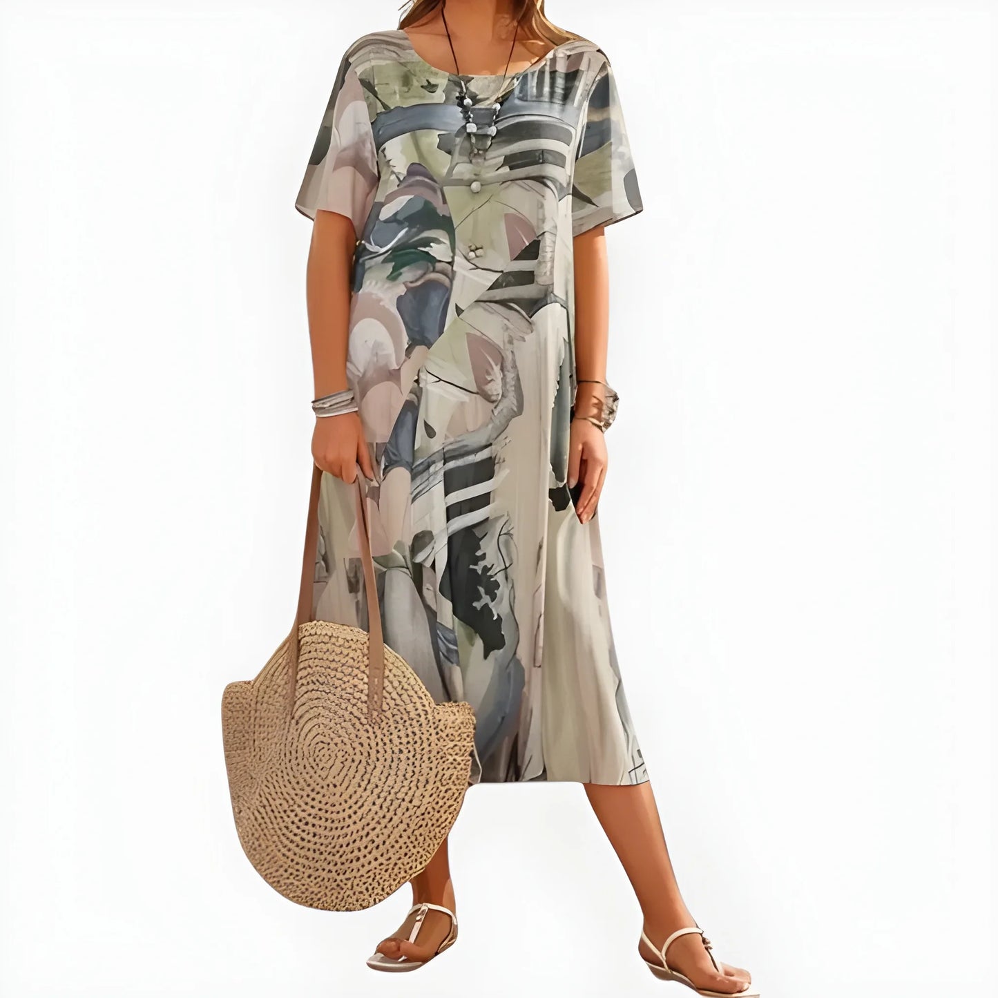 Vestido de Verano Midi Estampado Elegante con Escote Redondo