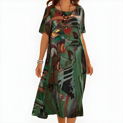Vestido de Verano Midi Estampado Elegante con Escote Redondo