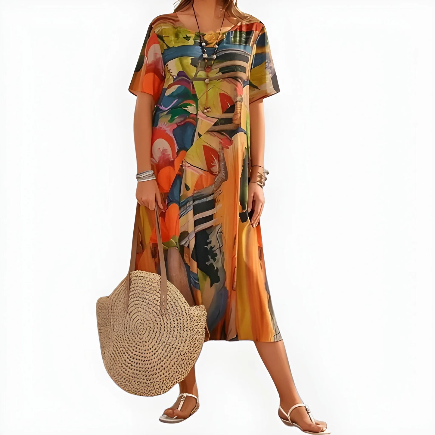 Vestido de Verano Midi Estampado Elegante con Escote Redondo