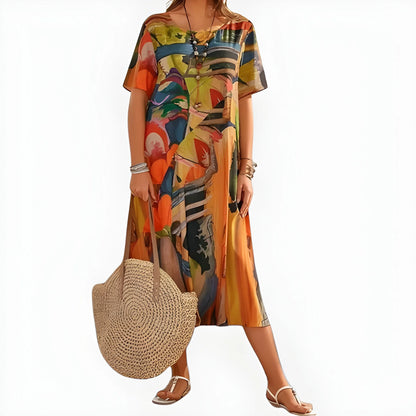 Vestido de Verano Midi Estampado Elegante con Escote Redondo