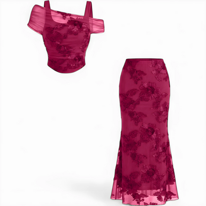 Conjunto de Vestido de Invitada de Boda Largo Elegante Flores con Hombros Descubiertos