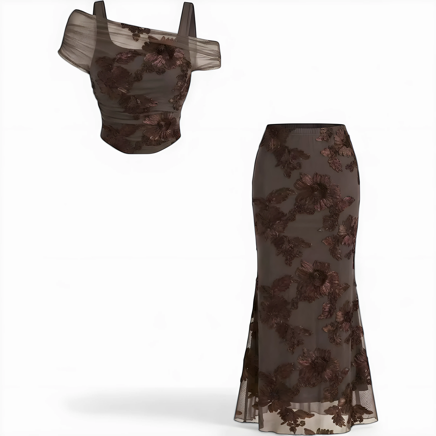 Conjunto de Vestido de Invitada de Boda Largo Elegante Flores con Hombros Descubiertos