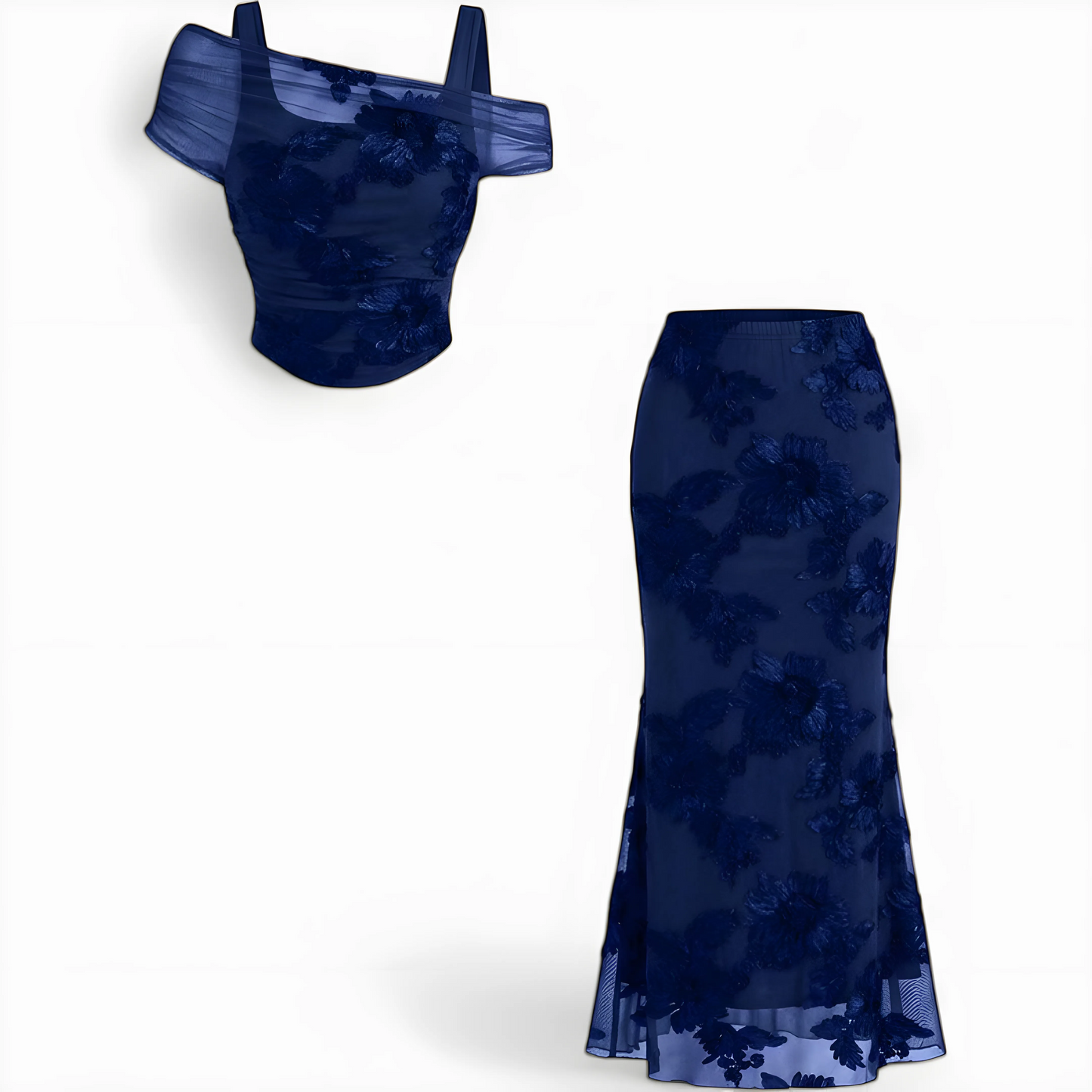 Conjunto de Vestido de Invitada de Boda Largo Elegante Flores con Hombros Descubiertos