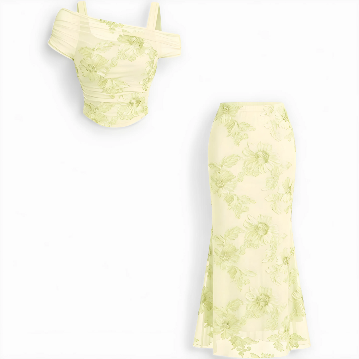 Conjunto de Vestido de Invitada de Boda Largo Elegante Flores con Hombros Descubiertos