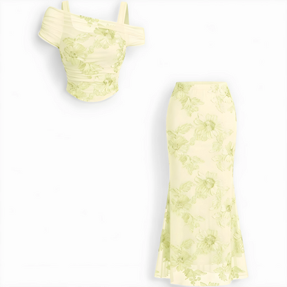 Conjunto de Vestido de Invitada de Boda Largo Elegante Flores con Hombros Descubiertos