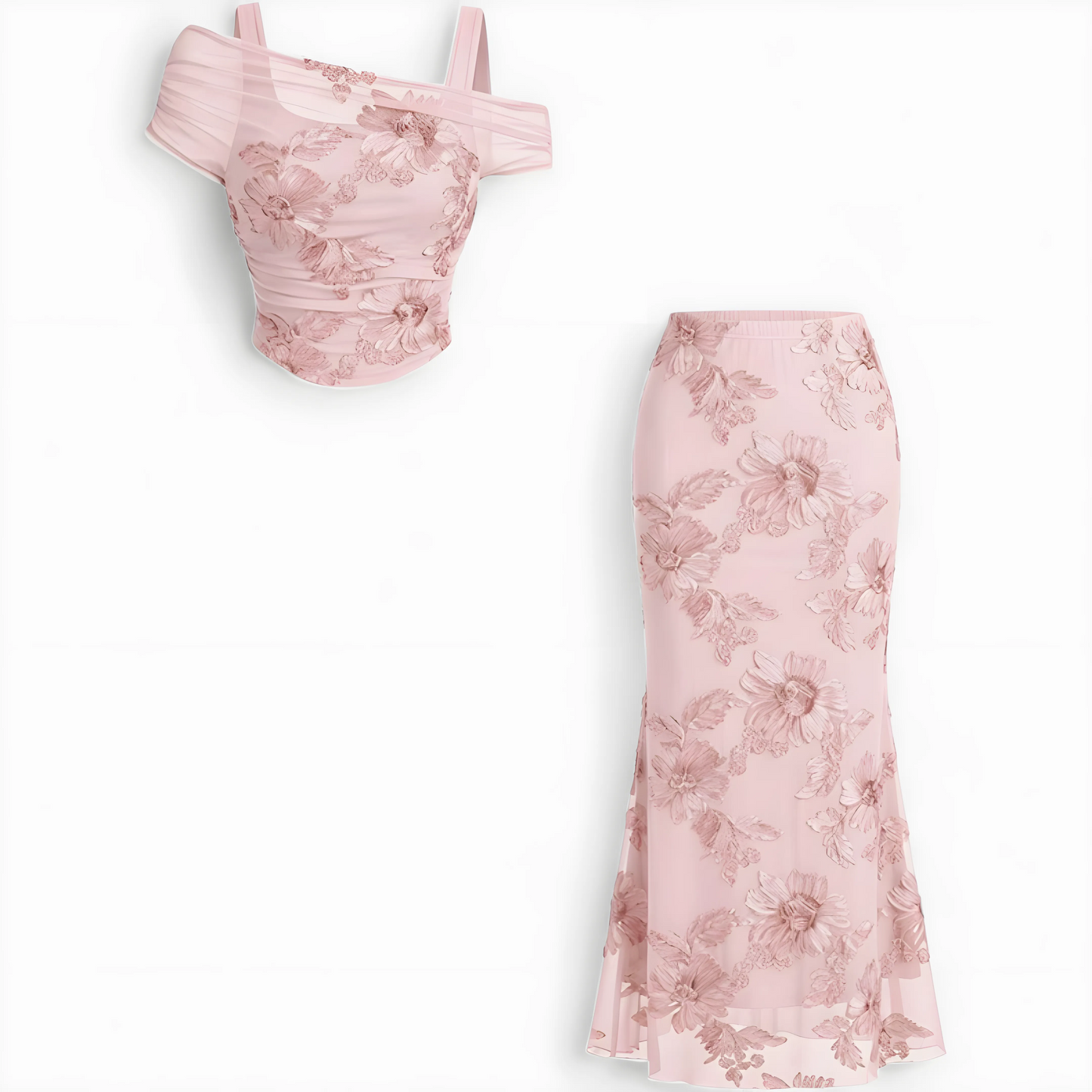 Conjunto de Vestido de Invitada de Boda Largo Elegante Flores con Hombros Descubiertos