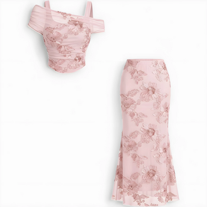 Conjunto de Vestido de Invitada de Boda Largo Elegante Flores con Hombros Descubiertos