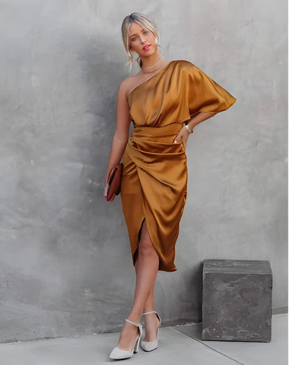 Vestido de Invitada de Boda Midi Elegante Asimétrico con Drapeado