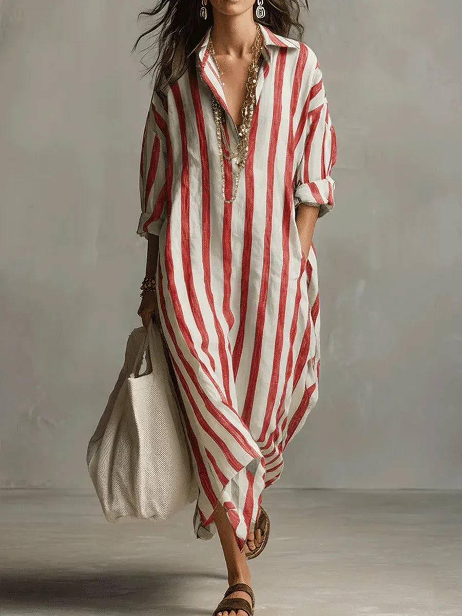 Vestido de Verano Largo Camisero Manga Larga con Escote en V