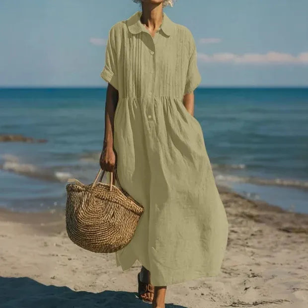 Vestido de Verano Largo Casual Boho con Plisado y Manga Corta