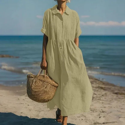 Vestido de Verano Largo Casual Boho con Plisado y Manga Corta