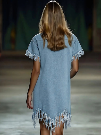 Vestido de Verano Corto Vaquero Casual con Flecos