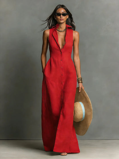 Vestido de Verano Largo Elegante Casual con Botones