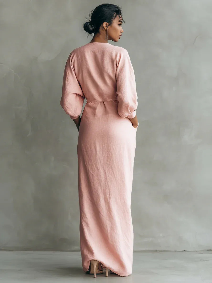 Vestido de Verano Largo Elegante con Drapeado y Escote en V