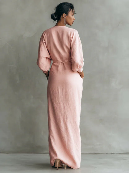 Vestido de Verano Largo Elegante con Drapeado y Escote en V