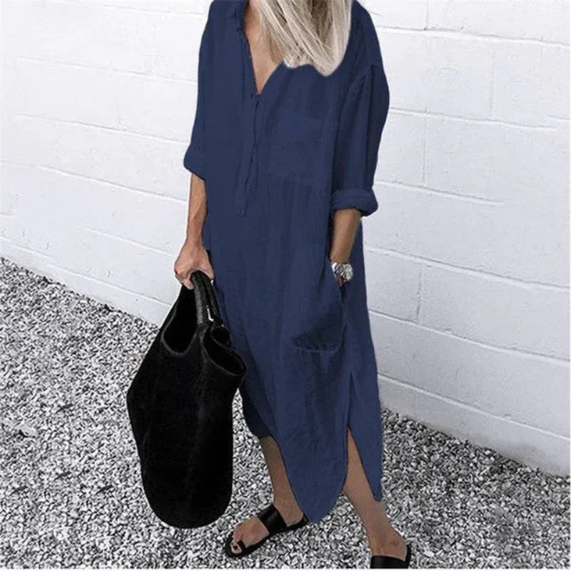Vestido de Verano Midi Casual con Manga Larga y Bolsillos