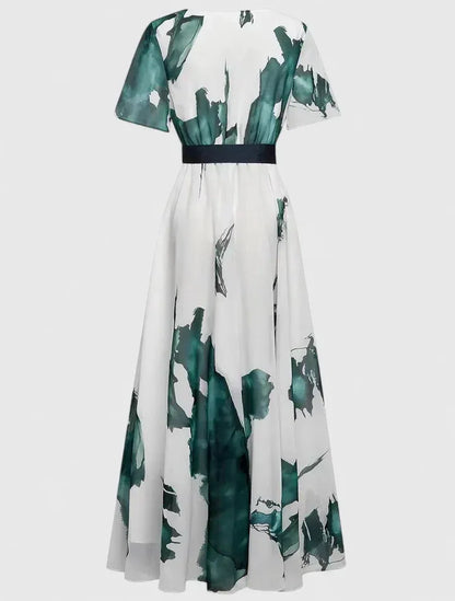 Vestido de Invitada de Boda Largo Estampado Verano con Manga Corta