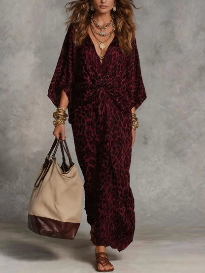 Vestido de Verano Largo Leopardo Boho con Detalle Fruncido