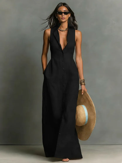 Vestido de Verano Largo Elegante Casual con Botones