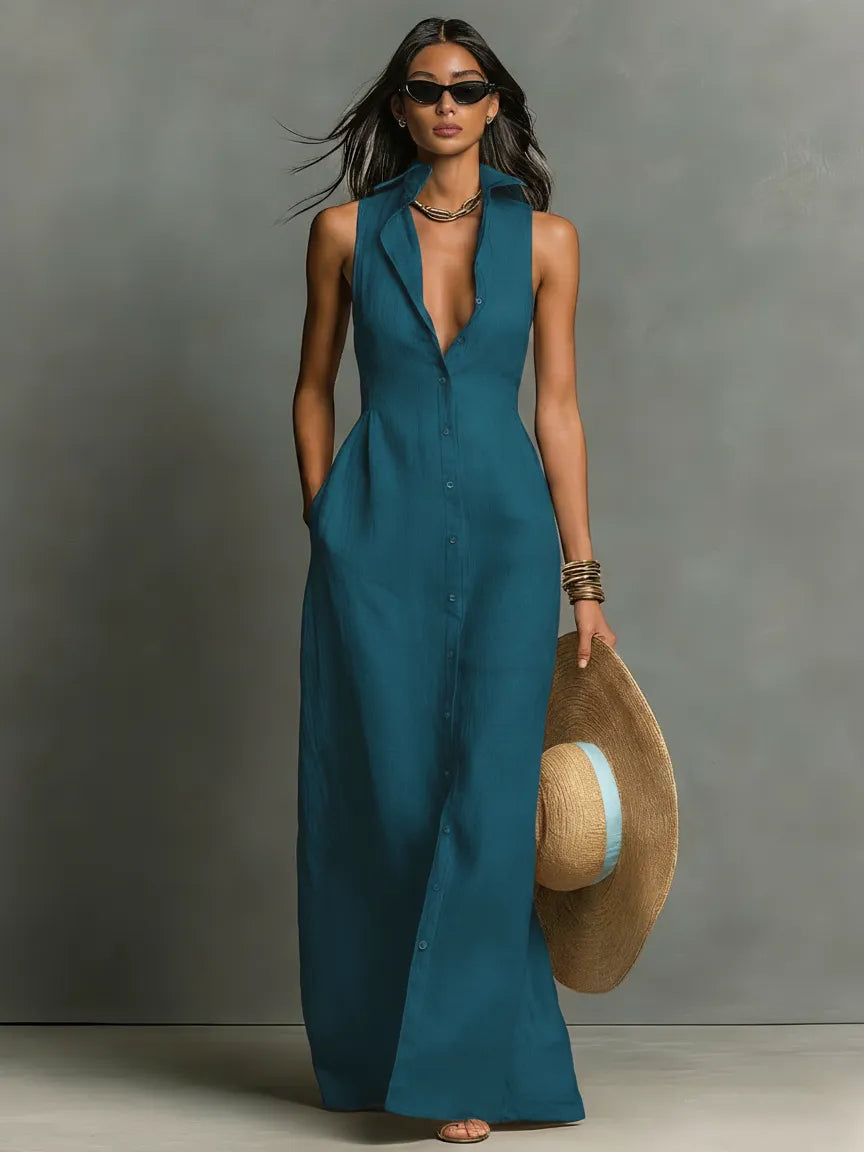 Vestido de Verano Largo Elegante Casual con Botones