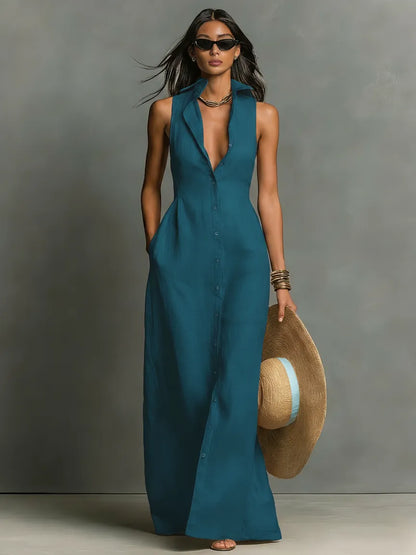 Vestido de Verano Largo Elegante Casual con Botones