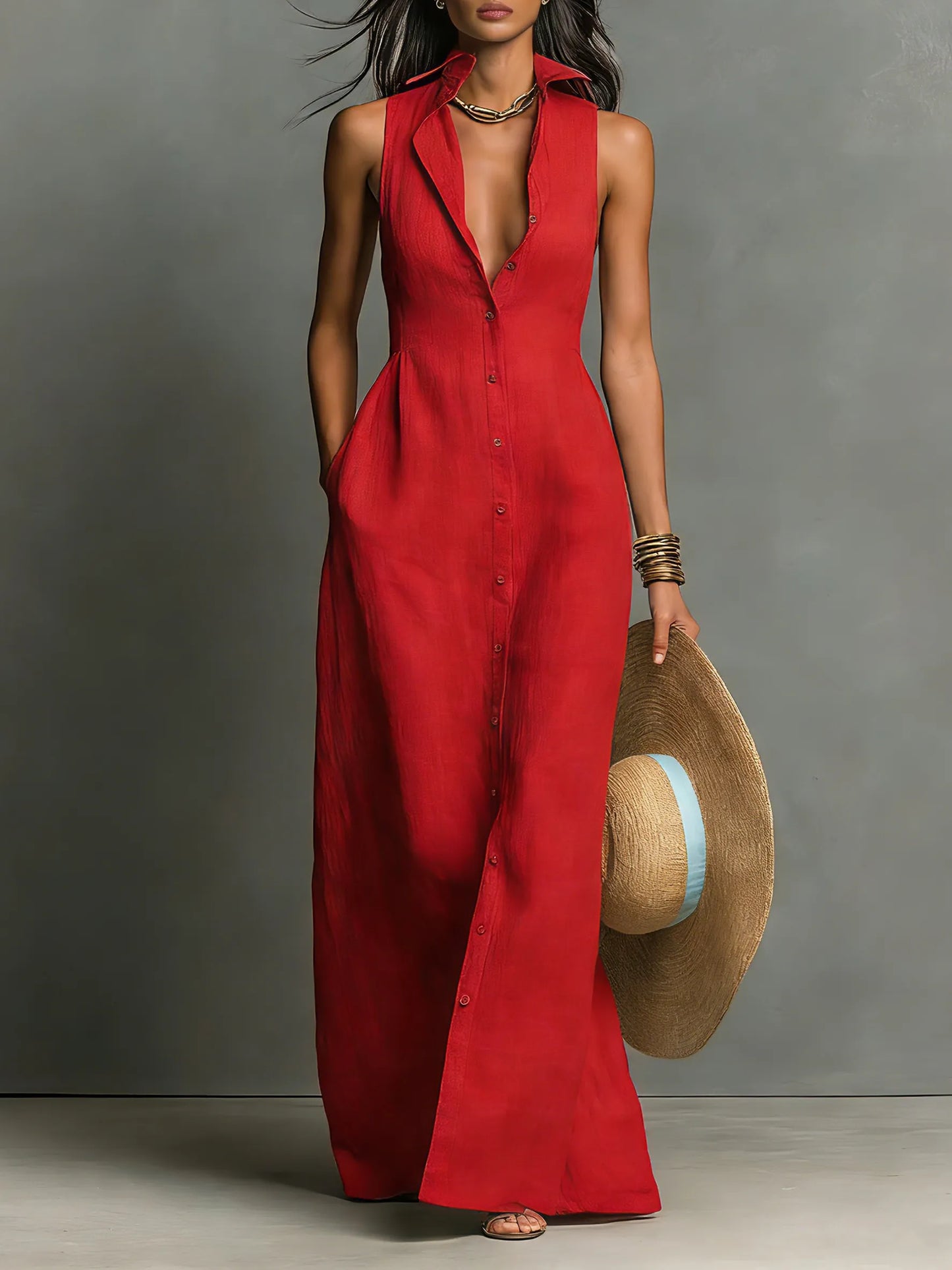 Vestido de Verano Largo Elegante Casual con Botones