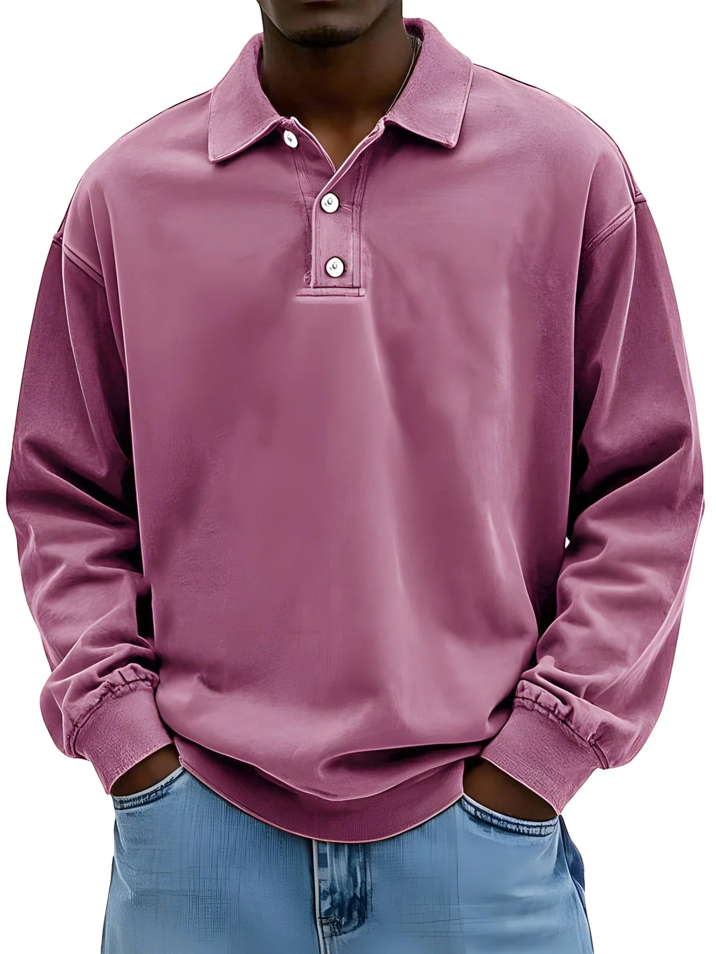 Men's Vintage Oversized Polo Shirt with Long Sleeve and V-Neck