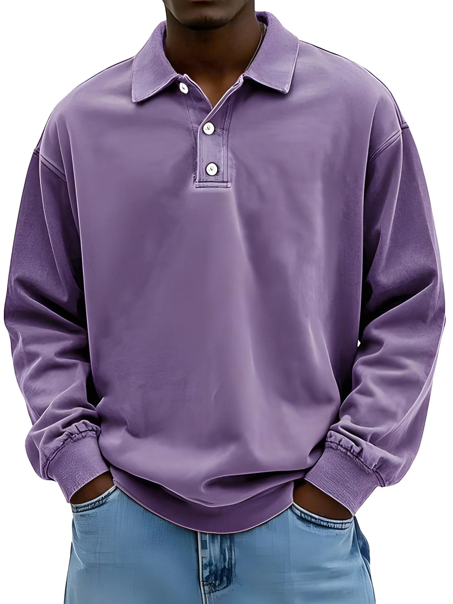 Men's Vintage Oversized Polo Shirt with Long Sleeve and V-Neck