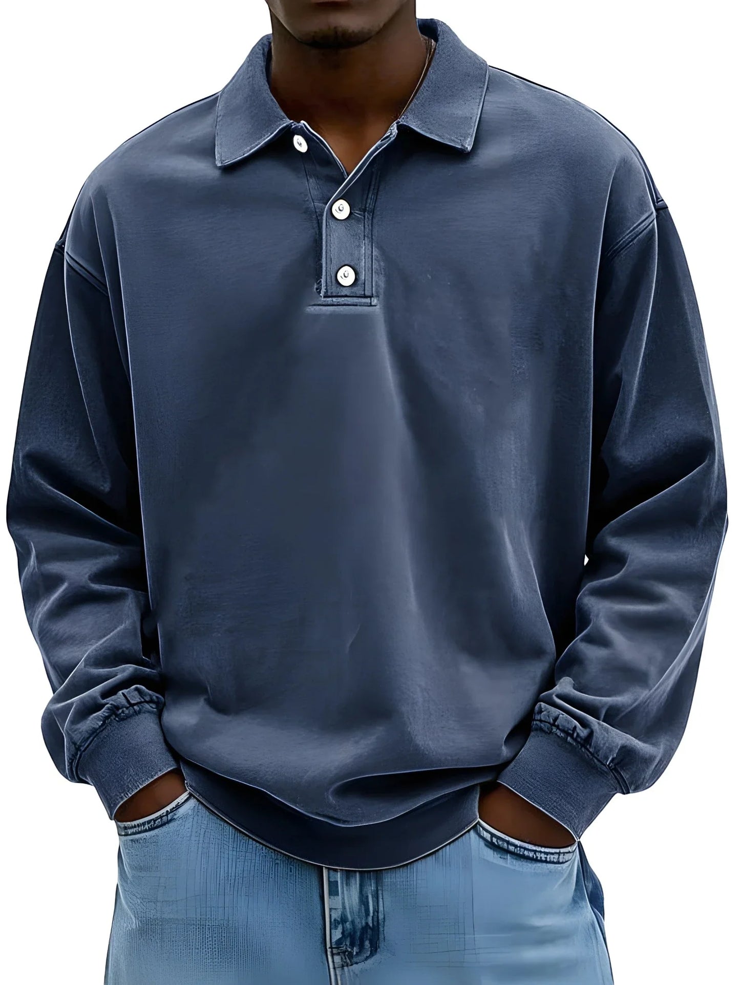 Men's Vintage Oversized Polo Shirt with Long Sleeve and V-Neck
